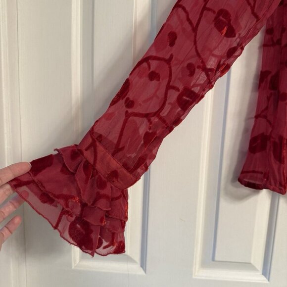 Vtg Forenza Women’s Top Sz 10 Sheer Floral Red Velvet Burnout Bell Sleeve Y2K - Picture 3 of 12
